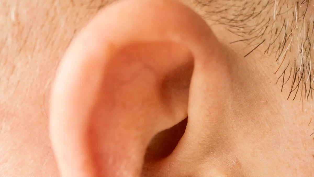 Gros plan sur le pavillon et le conduit d'une oreille, emplacement d'un appareil auditif à pile.